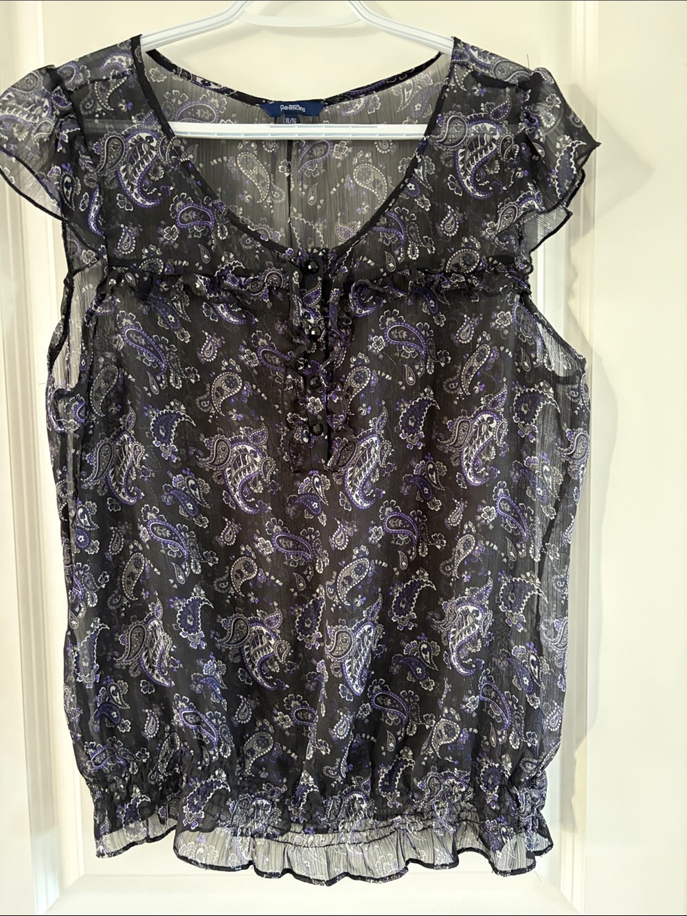 Reitmans Black Sheer Paisley Ruffle Sleeveless Blouse with Purple Accents